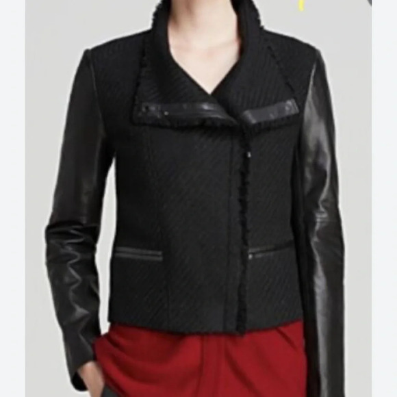 Vince Boucle Scuba Moto Wool Genuine Lamb Leather Jacket - Picture 1 of 11